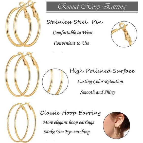 6 Pairs Stainless Steel gold silver Plated Hoop Earrings for Women Girls Cute - Picture 2 of 7